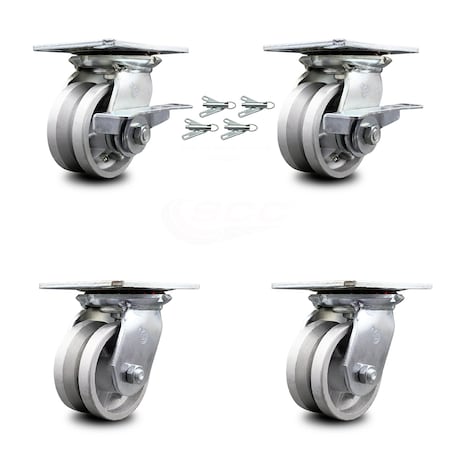 Service Caster 4 Inch V Groove Semi Steel Caster Set with Roller Bearing 4 Swivel Lock 2 Brake SCC-35S420-VGR-SLB-BSL-2-BSL-2